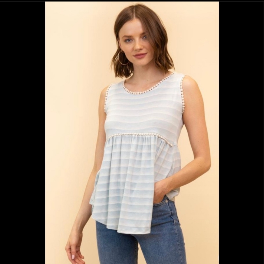 Fantastic Fawn Striped Knit Tank Top, baby blue and white, size large